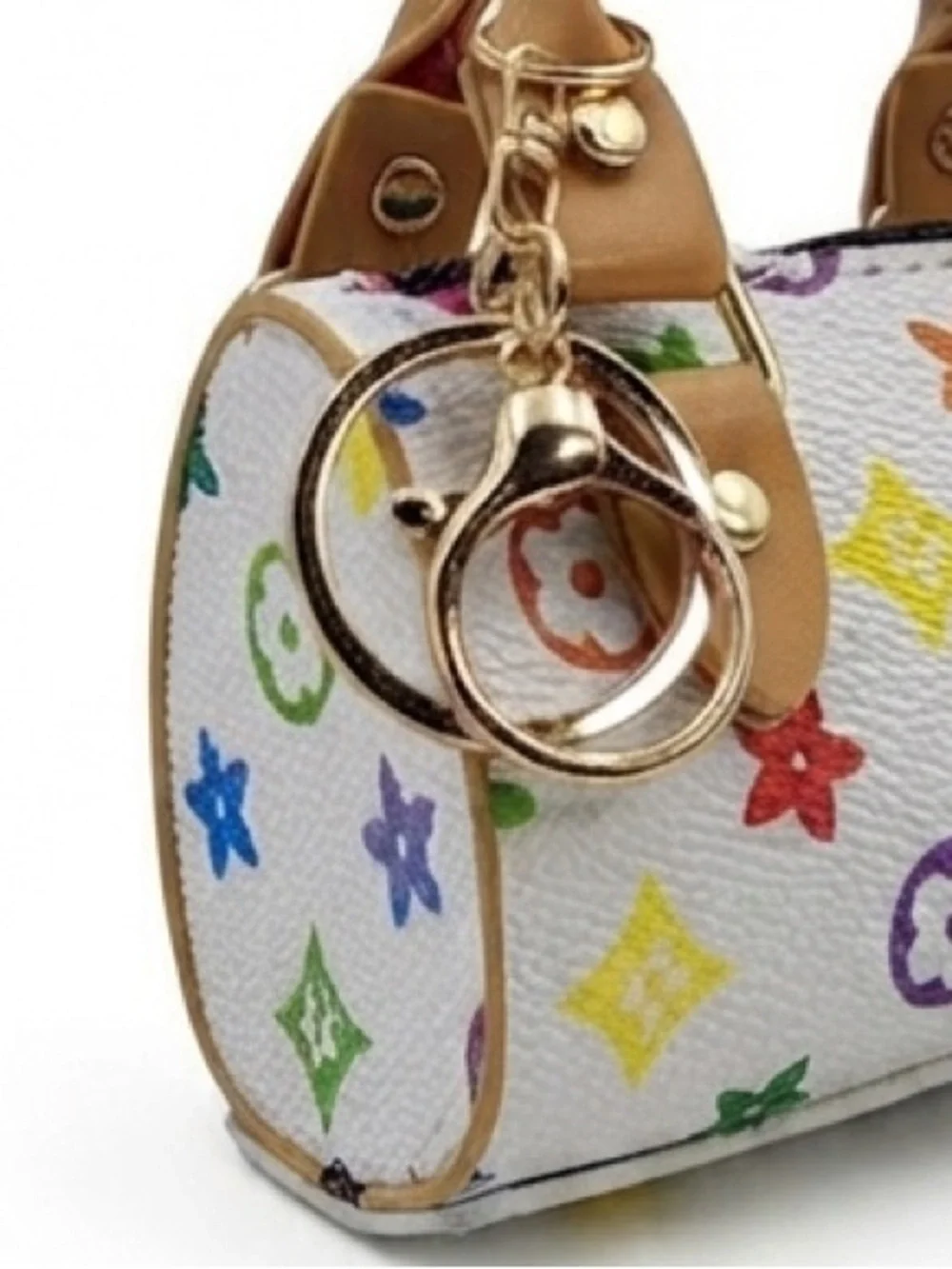 White Multicolor Mini Satchel Keychain Bag